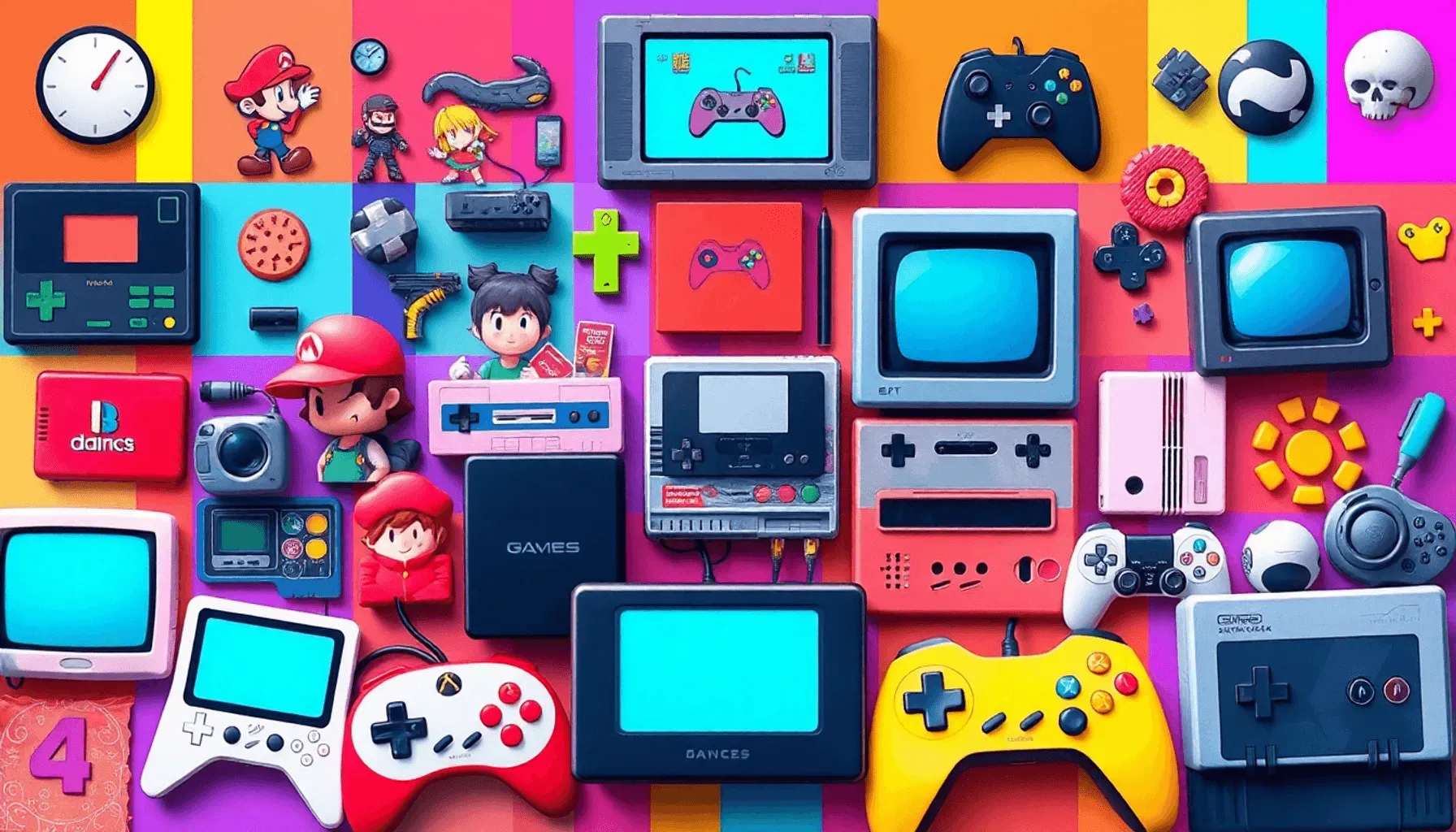 A colorful collage of classic video game symbols